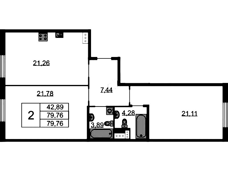 2-комнатная квартира 79.76 м², 5/9 эт., ЖК «Бакунина 33»